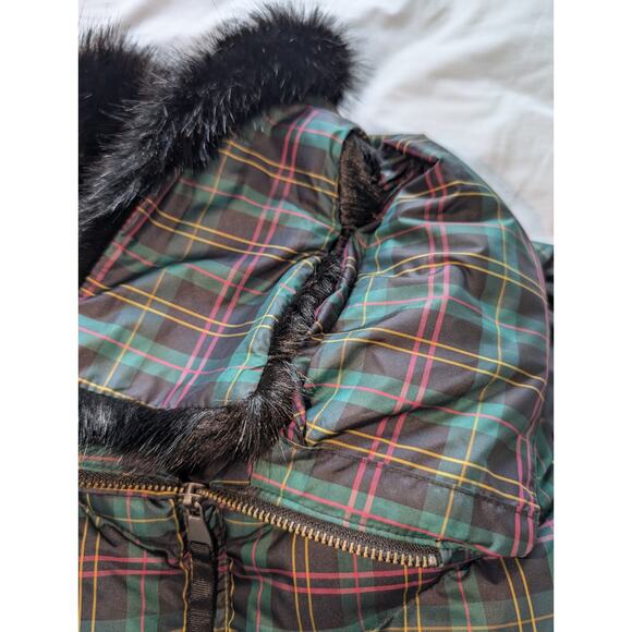 Talbots Plaid Green Pink Puffer Vest Removeable Faux Fur Collar Womens Medium - Picture 6 of 6